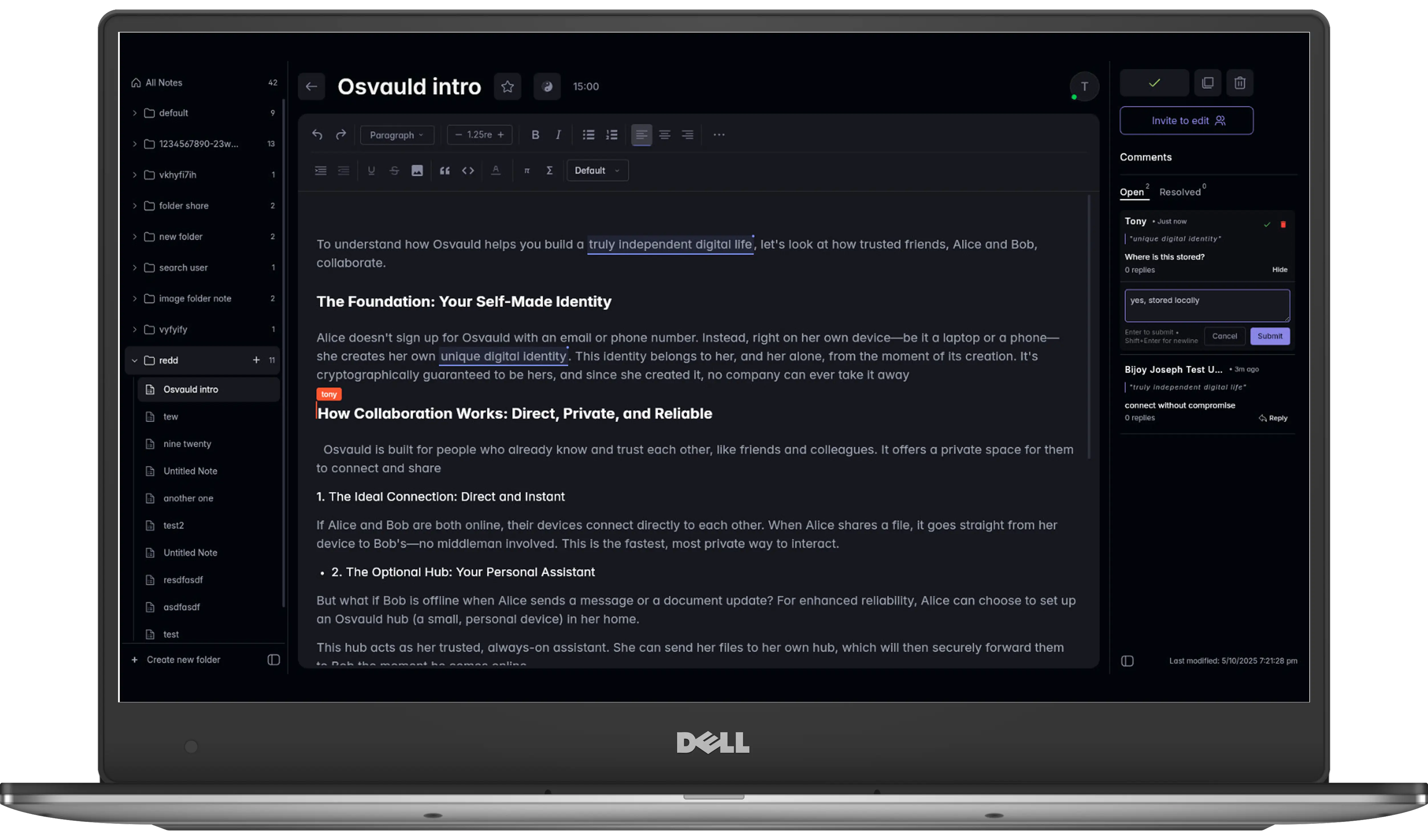 Livnote collaborative document editor interface with real-time peer-to-peer editing and end-to-end encryption