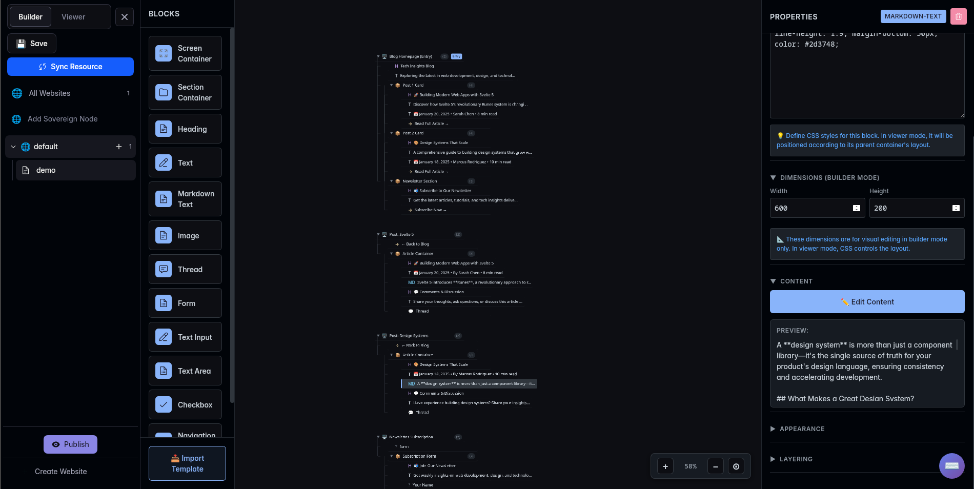 Sthalam sovereign publishing platform interface showing website builder and form creation
